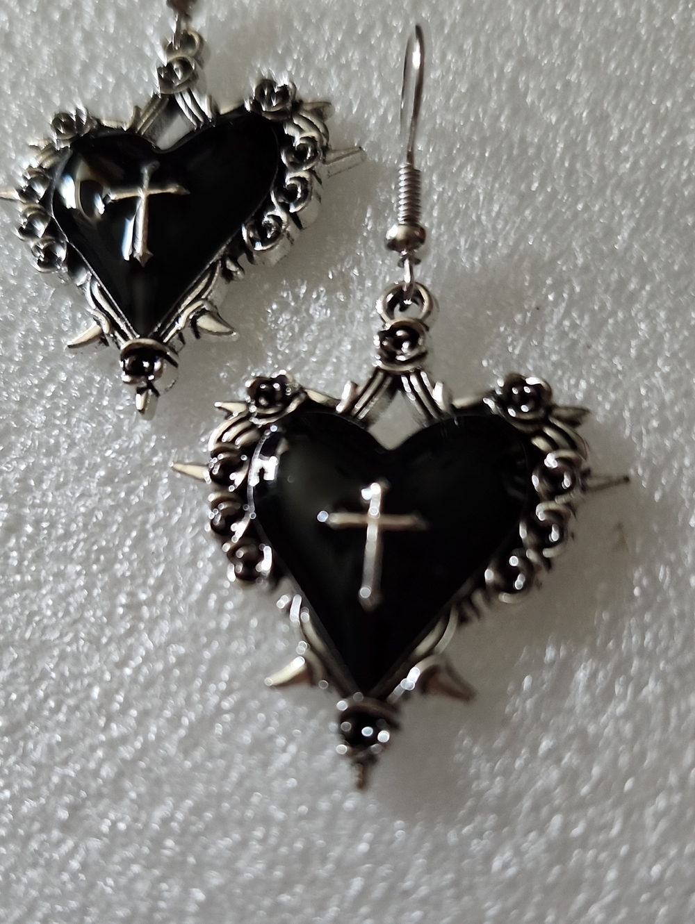 Hand Crafted Black Heart Cross Dangle Earrings